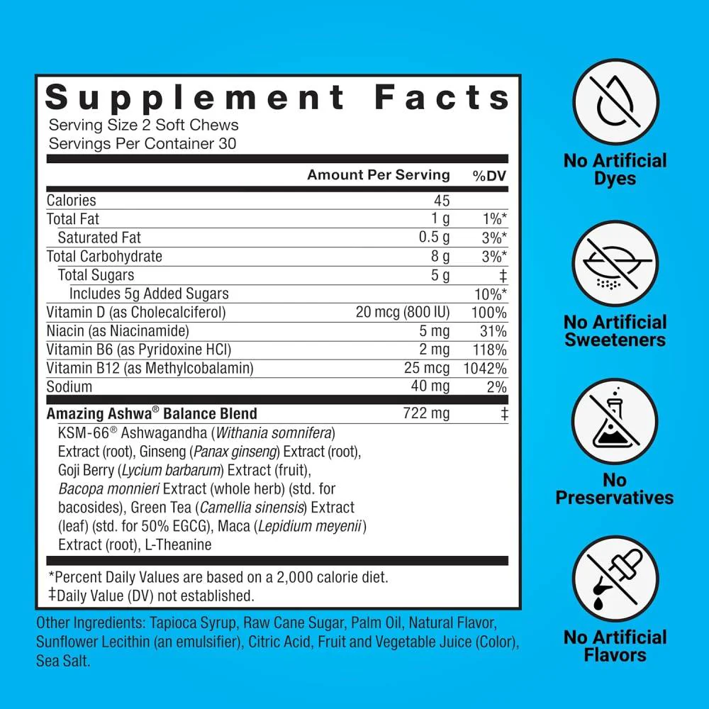 Force Factor - Amazing Ashwa, Triple Berry, Ashwaganda Supplement - 60 Soft Chews - 12 Pack - Image 3